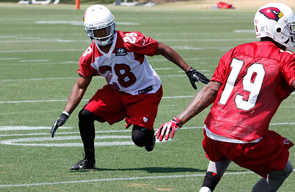 Cornerback Justin Bethel (28) breaks to wide receiver Ted Ginn on a play during the Cardinals' minicamp. (Arizona Cardinals)